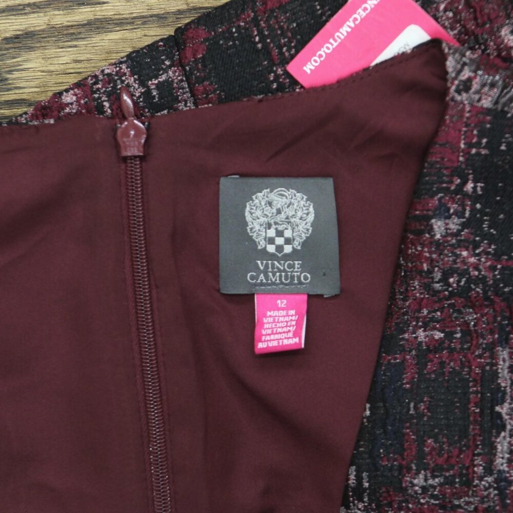 NWT Vince Camuto Jacquard Fit & Flare Puff-Sleeve Dress Wine Red Multi 12 - Picture 7 of 9